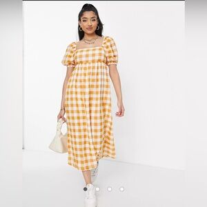 New Look short sleeve midi dress with square neckline in orange gingham